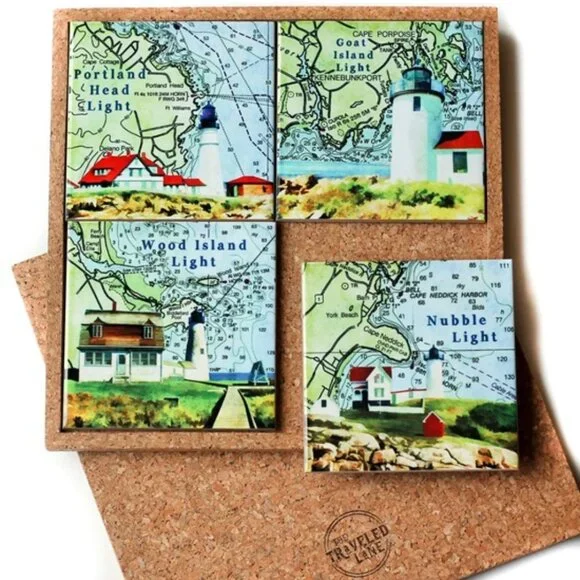 The Traveled Lane Maine Coast Lighthouse 4 Pc Coasters Trivet Ceramic Nautical Kitchen